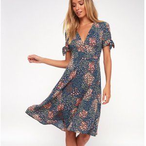 LuLus Austyn Navy Blue Floral Pretty Print Tie-Sleeve Midi Dress